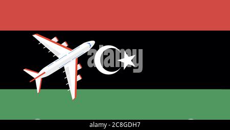 Vector Illustration of a passenger plane flying over the flag of Libya. Concept of tourism and travel Stock Vector