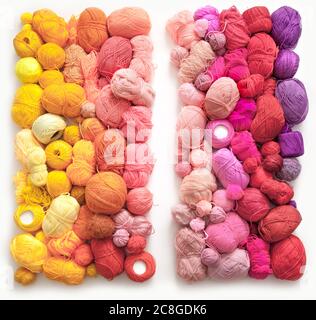 Colored balls and skiens of yarn for knitting. Top view. Rainbow colors. Color vertical gradient. Stock Photo