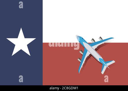 Vector Illustration of a passenger plane flying over the flag of Texas. Concept of tourism and travel Stock Vector