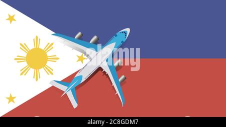 Vector Illustration of a passenger plane flying over the flag of the Philippines. Concept of tourism and travel Stock Vector