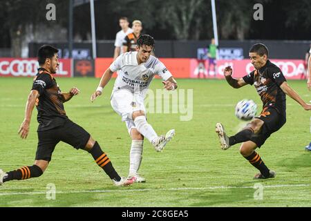 Orlando Florida USA. 23rd July 2020. LA Galaxy face forward Pavon, Cristian #10 makes a kick towards the goal during the MLS is Back Tournament at ESPN Wild World of Sports in Orlando Florida USA on Thursday July 23, 2020.  Photo Credit:  Marty Jean-Louis Stock Photo