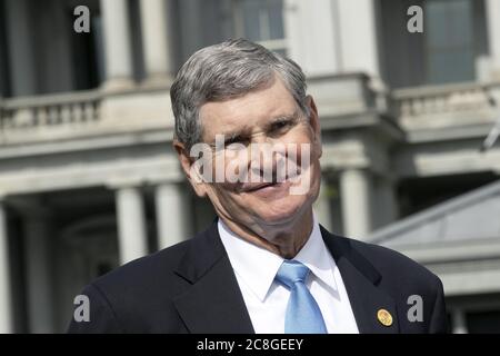 Washington, United States. 24th July, 2020. Olympic runner and former Congressman Jim Ryun, a Republican from Kansas, speaks during a television interview outside the White House in Washington DC, on Friday, July 24, 2020. Ryun will be receiving the Presidential Medal of Freedom later today. Photo by Stefani Reynolds/UPI Credit: UPI/Alamy Live News Stock Photo