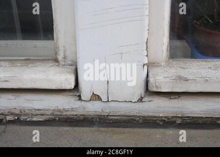 Paint peeling off the painted glass of a weathered wooden window Stock ...