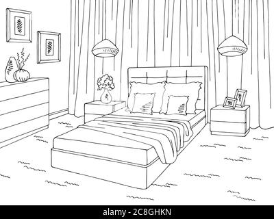 Bedroom furniture. Doodle line sketch of home interior. Vintage bed ...