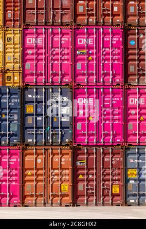 Freight containers at the container terminal at Westhafen Regensburg, Regensburg, Bavaria, Germany Stock Photo