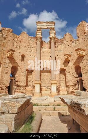 Severan basilica with columns of Egyptian granite, ruined city of Leptis Magna, Libya Stock Photo