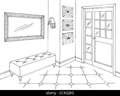 Hallway graphic black white home interior sketch illustration vector Stock Vector