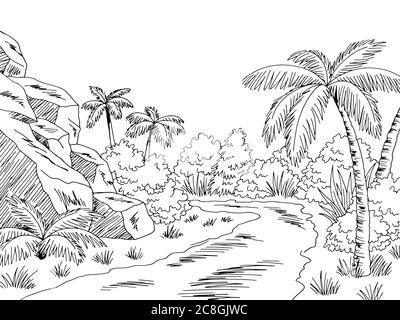Jungle road graphic black white landscape sketch illustration vector Stock Vector