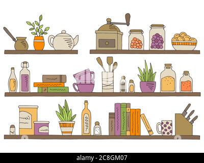 Shelves set graphic color isolated kitchenware sketch illustration vector Stock Vector