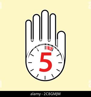 raised, open hand with a watch on it. Time for rest or break, pause. 5 minutes or seconds. Flat design. Stock Vector