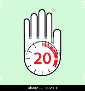 raised, open hand with a watch on it. Time for rest or break, pause. 20 minutes or seconds. Flat design. Stock Vector