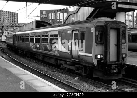Manchester, UK - 2018: A Northern train (BR Class 156) at Manchester Oxford Station platform 4 for local passenger service. Stock Photo