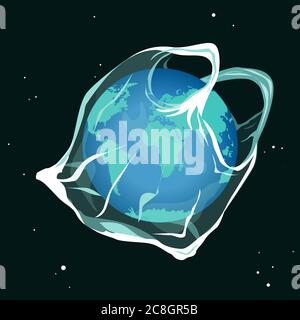 Earth planet catching into the plastic bag. Say no to plastic bags sad earth cartoon concept. Environment pollution Vector illustration Stock Vector