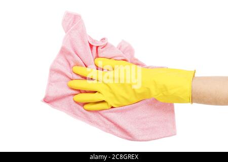 hand in rubber glove with microfiber cloth isolated on white Stock Photo
