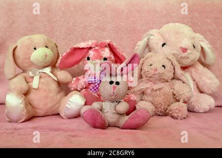 Diversity? Group of pink stuffed bunnies against a pink background Stock Photo