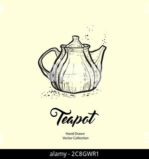 Teapot hand drawn ink vector illustration in old style. Isolated line kettle, illustration for logo, cafe menu, banner Stock Vector