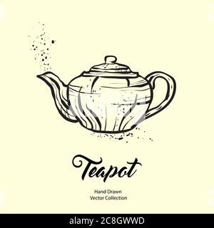 Teapot hand drawn ink vector illustration in old style. Isolated line kettle, illustration for logo, cafe menu, banner Stock Vector