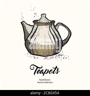 Teapot hand drawn ink vector illustration old style. Isolated line clay brown kettle, illustration logo, cafe menu Stock Vector