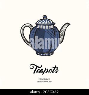 Teapot hand drawn ink vector illustration in old style. Isolated line blue kettle, illustration logo, cafe menu Stock Vector