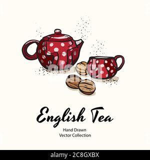 Red teapot and cup with white polka dots and biscuits nuts hand drawn vector illustration in old style Stock Vector