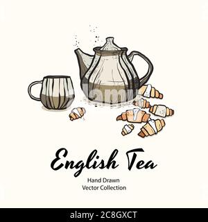 Brown teapot, cup, croissants hand drawn vector illustration old style for cafe menu, logo, banner, flayer Stock Vector