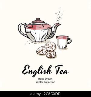 Pink teapot, cup and biscuits hand drawn vector illustration old style for cafe menu, logo, banner, flayer, coffee shop Stock Vector