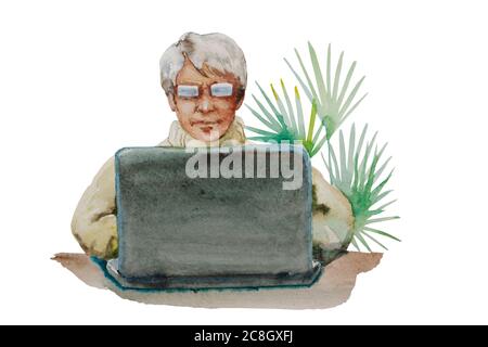 watercolor portrait of a Senior woman in front of a laptop computer, with green palm plant on background. Journalist or writer adult person concept Stock Photo