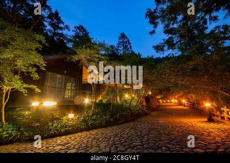 Night view of the wooden house in Mingchi National Forest Recreation Area at Taiwan Stock Photo