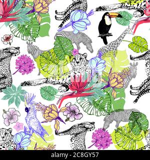 Seamless pattern of hand drawn sketch style cheetah, zebra, giraffe, cockatoo, toucan with tropical plants and flowers isolated on white background. V Stock Vector