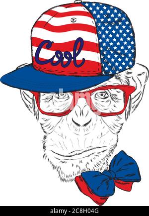 Monkey wearing a cap and sunglasses.  Vector illustration for greeting card, poster, or print on clothes. Stock Vector