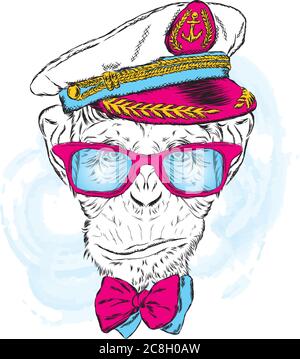 Monkey wearing a cap and sunglasses.  Vector illustration for greeting card, poster, or print on clothes. Stock Vector