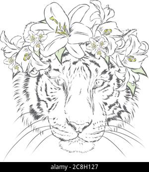 Vector Tiger In A Wreath Of Flowers Hipster Vector Illustration For Greeting Card Poster Or Print On Clothes Stock Vector Image Art Alamy