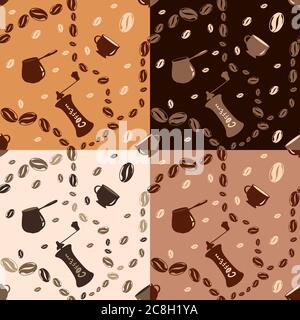 Seamless pattern of coffee beans, cups, coffee grinder, coffee maker. Stock Vector