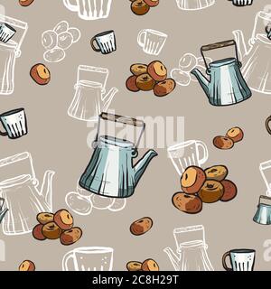 Teapots, cups and donuts seamless pattern hand drawn in old style. Tea time vector illustration. Food pattern Stock Vector