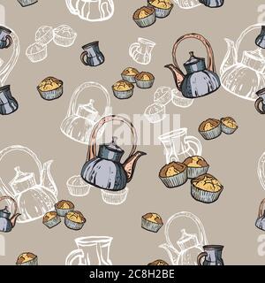 Teapots, cups and cupcakes seamless pattern hand drawn in old style. Tea time vector illustration. Food pattern Stock Vector