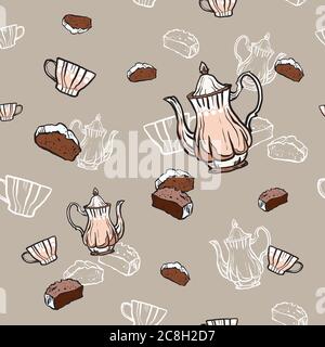 Teapots, cups and cake seamless pattern hand drawn in old style. Tea time vector illustration. Food pattern Stock Vector