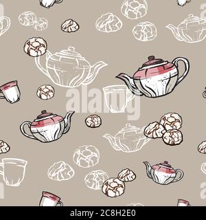 Teapots, cups and cookies seamless pattern hand drawn in old style. Tea time vector illustration. Food pattern Stock Vector