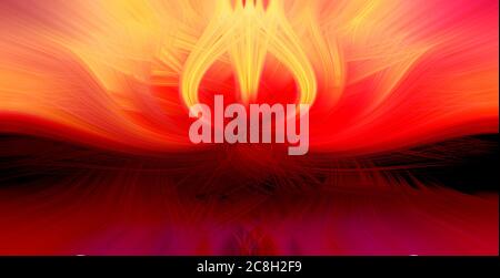 Beautiful abstract intertwined 3d fibers forming a shape of flame. Yellow, bright red and purple colors. Illustration. Stock Photo