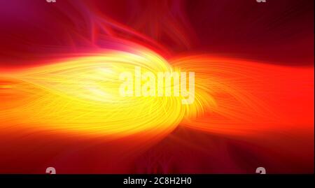Abstract intertwined 3d fibers forming a shape of flame and sparkle Yellow, bright red, orange, and purple colors. Illustration. Stock Photo
