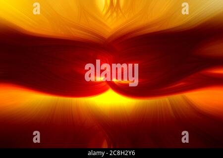 Beautiful abstract intertwined 3d fibers forming a shape of flame and sparkle Yellow, bright and dark red, orange colors. Illustration. Stock Photo
