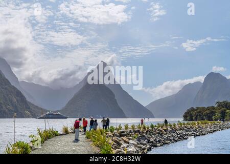 View from the breakwater at the cruise dock looking towards Mitre Peak, Milford Sound, Fiordland National Park, South Island, New Zealand Stock Photo