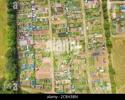 Summer allotments viewed from above near Biggleswade, Bedfordshire, UK. Stock Photo