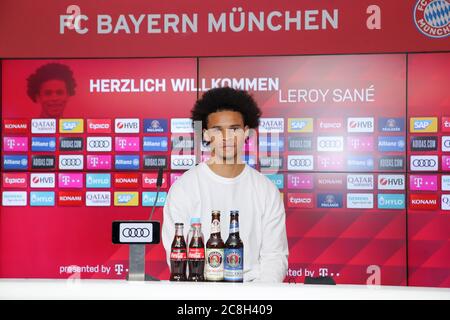 Munich, Germany, July 23, 2020.  FC Bayern Munich football club press conference and presentation of the new player Leroy SANE, FCB 10  Photographer: Peter Schatz Stock Photo