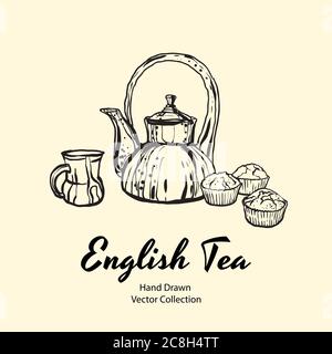 Teapot, cup and muffins black line hand drawn vector illustration in old style for cafe menu, logo, banner, flayer Stock Vector