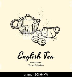 Teapot, cup and biscuits nuts black line hand drawn vector illustration in old style for cafe menu, logo, banner, flayer Stock Vector