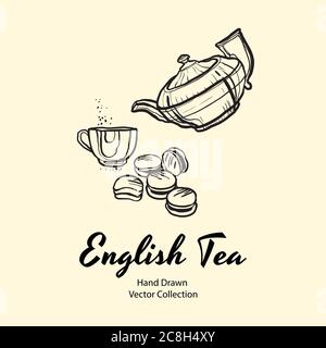 Teapot, cup and macaroons black line hand drawn vector illustration in old style for cafe menu, logo, banner, flayer Stock Vector