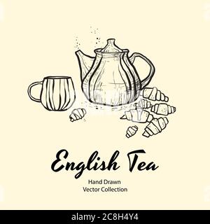 Teapot, cup and croissants black line hand drawn vector illustration in old style for cafe menu, logo, banner, flayer Stock Vector