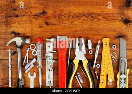 variety of tools on wooden planks Stock Photo