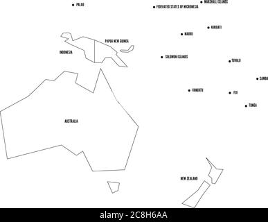Australia and Oceania thin black outline map. Contour map of continent ...