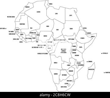 Political map of Africa. Thin black outline map with country name ...